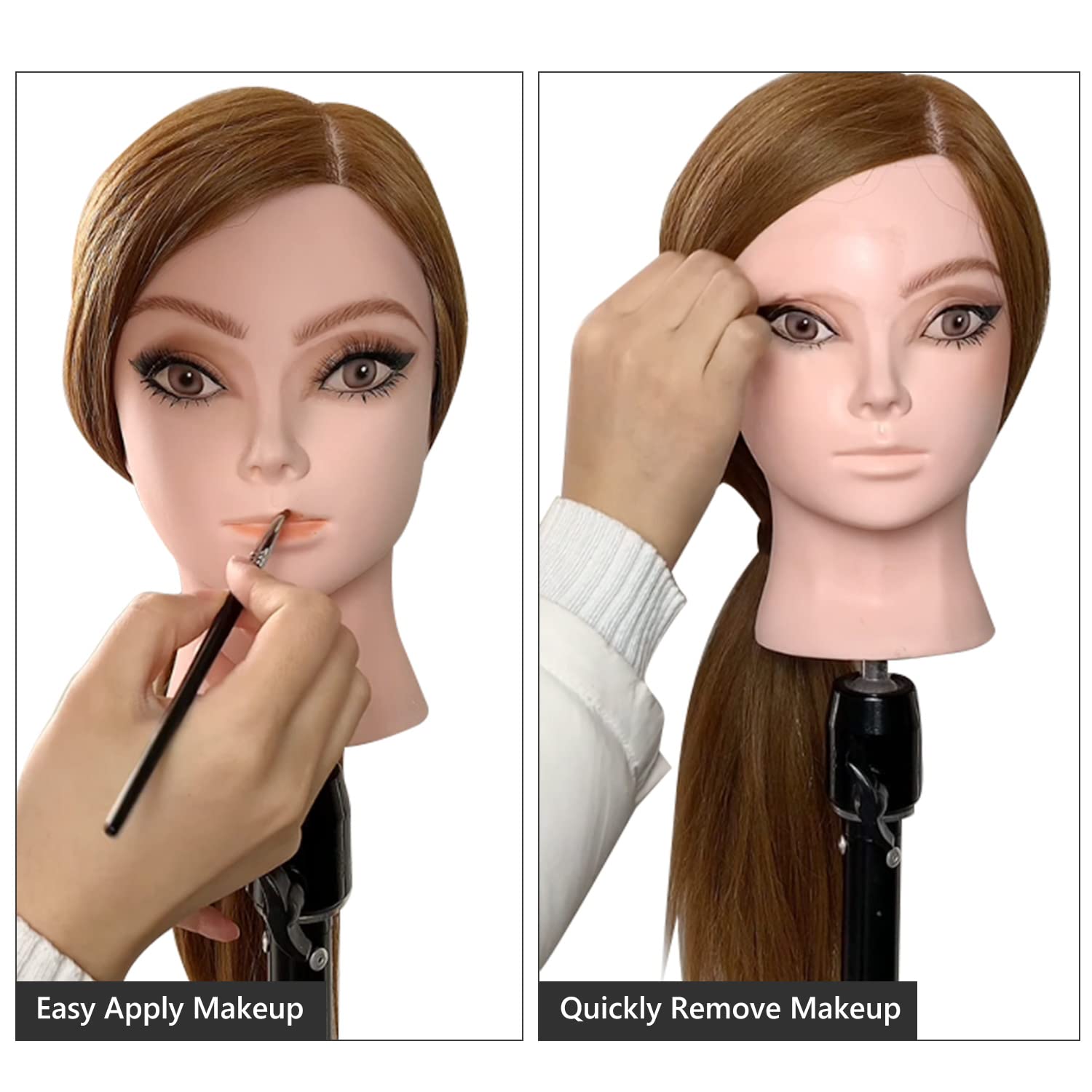 22" Hair and Makeup Training Mannequin Head with 70% Real Hair, Cosmetology Manikin Doll Head for Girls Practice Face Make Up, Hair Styling-Light Brown - Image 4