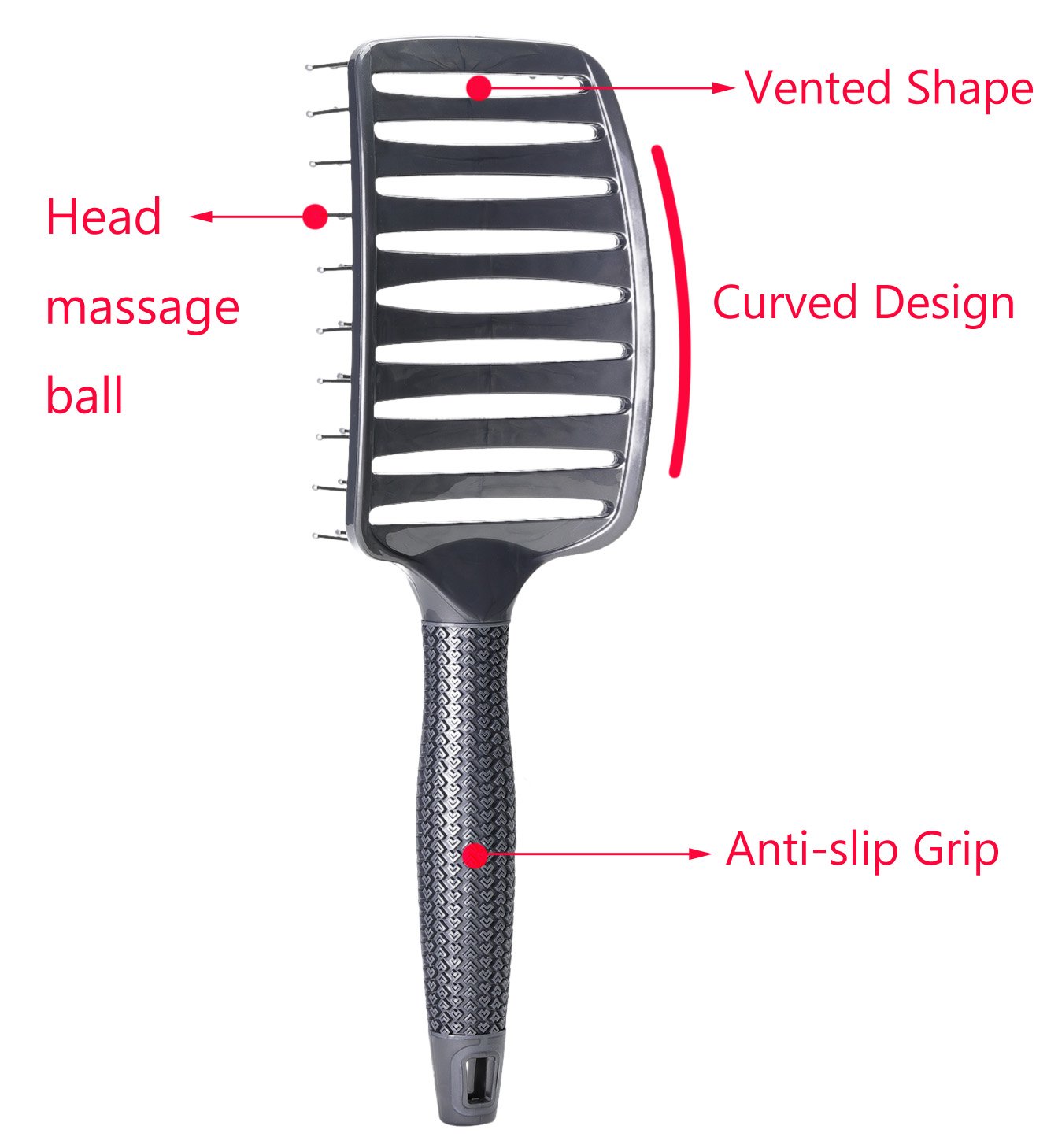 PERFEHAIR Curved Vent Brush, Barber Blow Drying Brush with Nylon Detangling Pins, Anti-Static - Grey (Pack of 2) - Image 3